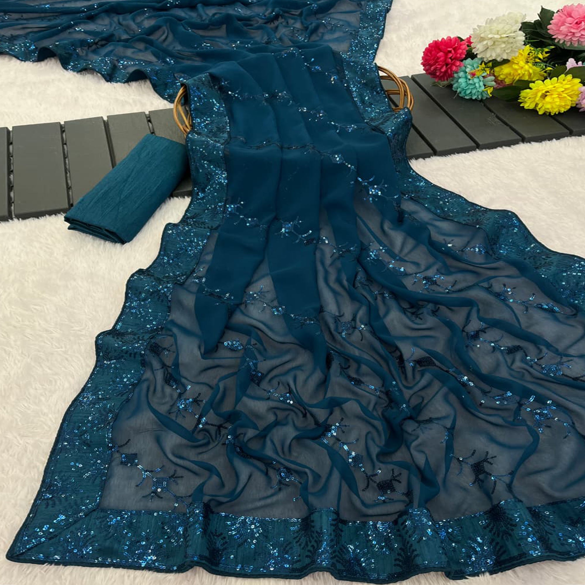 Teal Premium Vichitra Silk Saree Adorned with Shimmering Sequins Work
