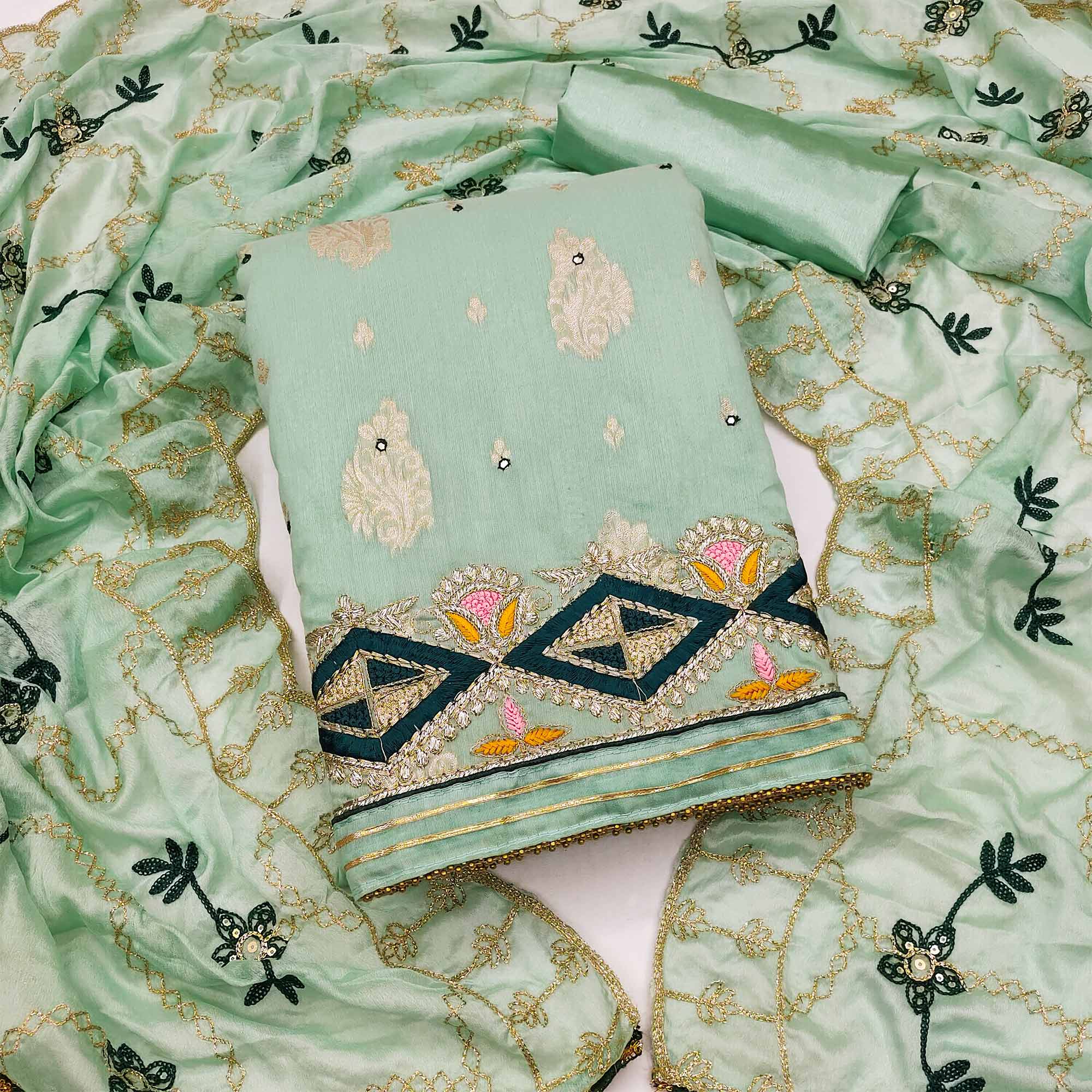 Green Floral Woven Banarasi Silk Dress Material