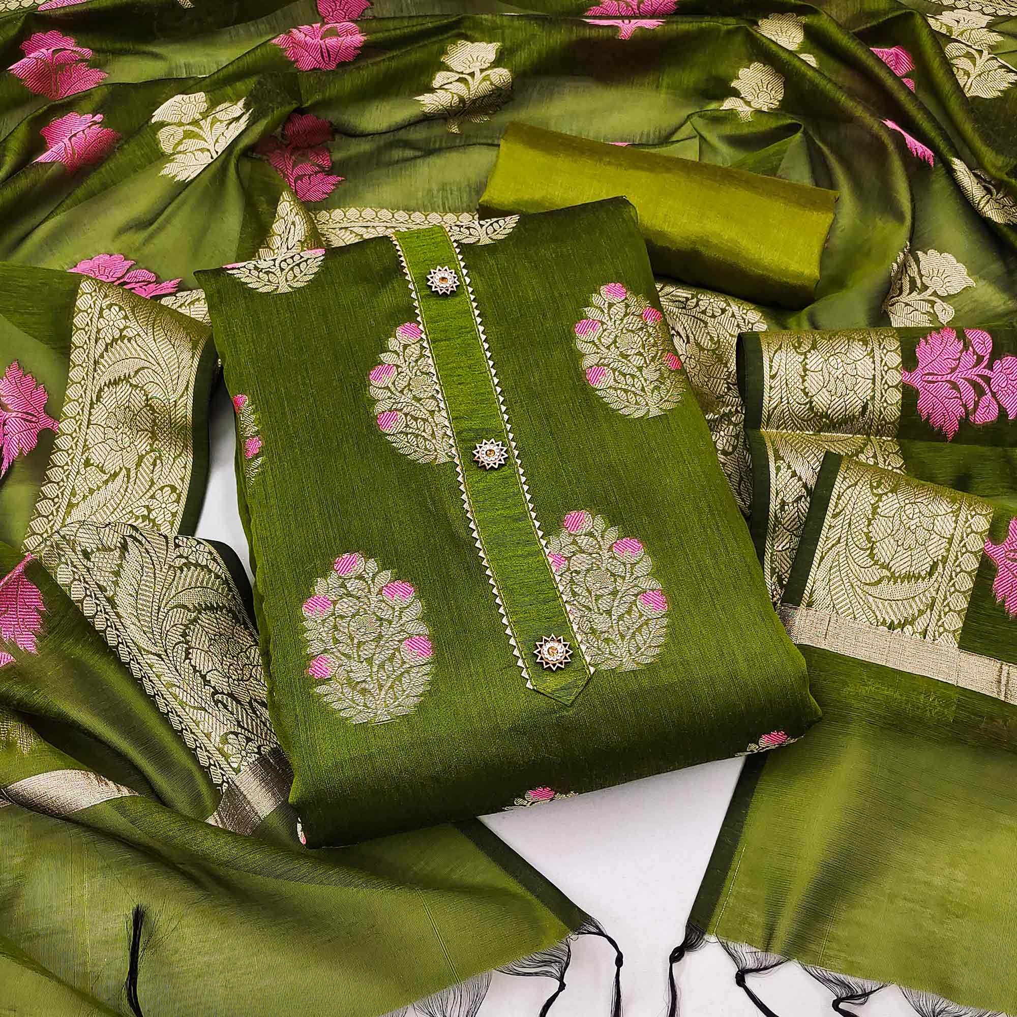 Green Floral Woven Banarasi Silk Dress Material