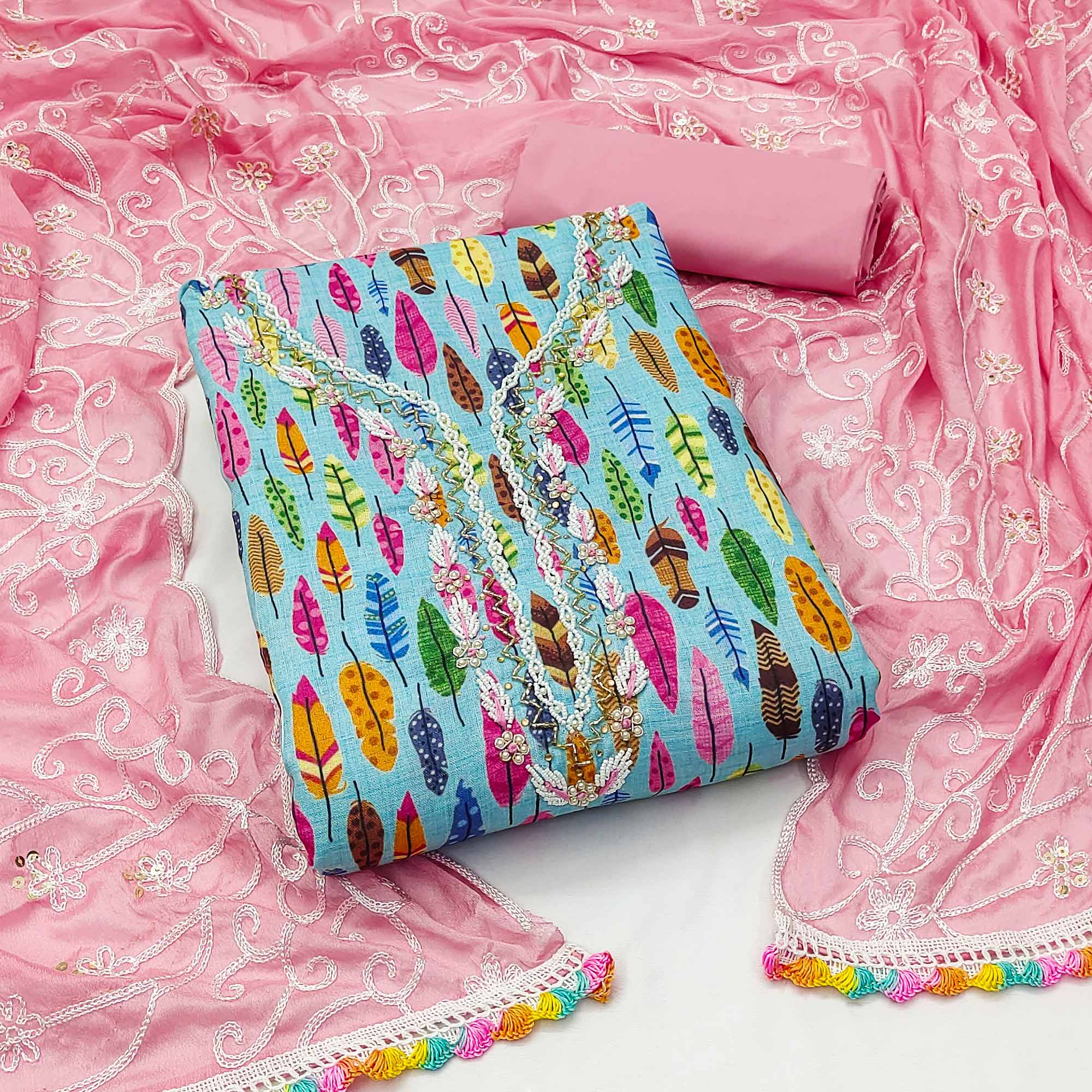 Blue Printed With Handwork Pure Cotton Dress Material