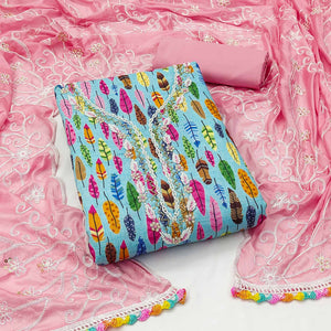 Blue Printed With Handwork Pure Cotton Dress Material