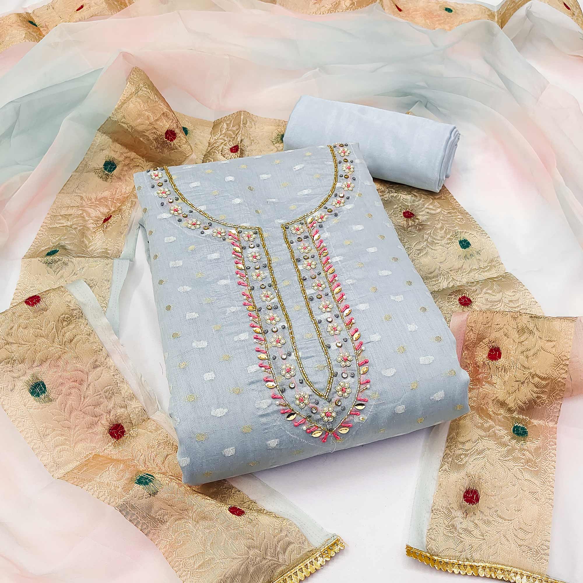 Grey Woven With Handwork Modal Dress Material