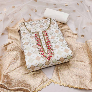 White Printed With Handwork Modal Dress Material