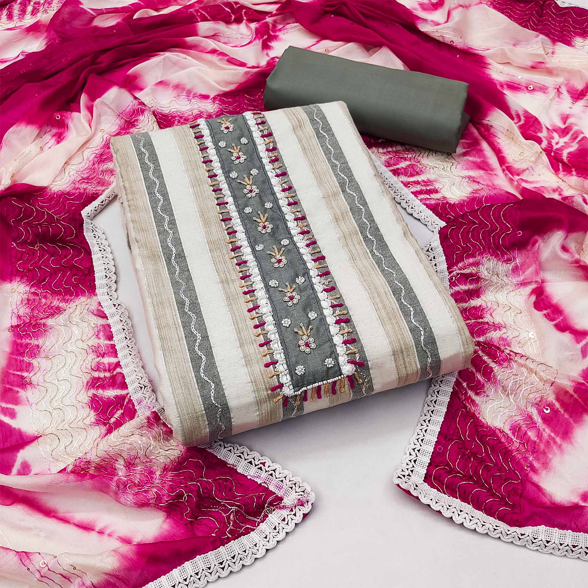 Cream & Pink Embroidered With Handwork Pure Cotton Dress Material