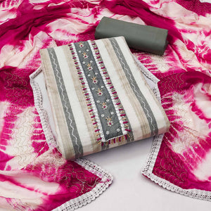 Cream & Pink Embroidered With Handwork Pure Cotton Dress Material