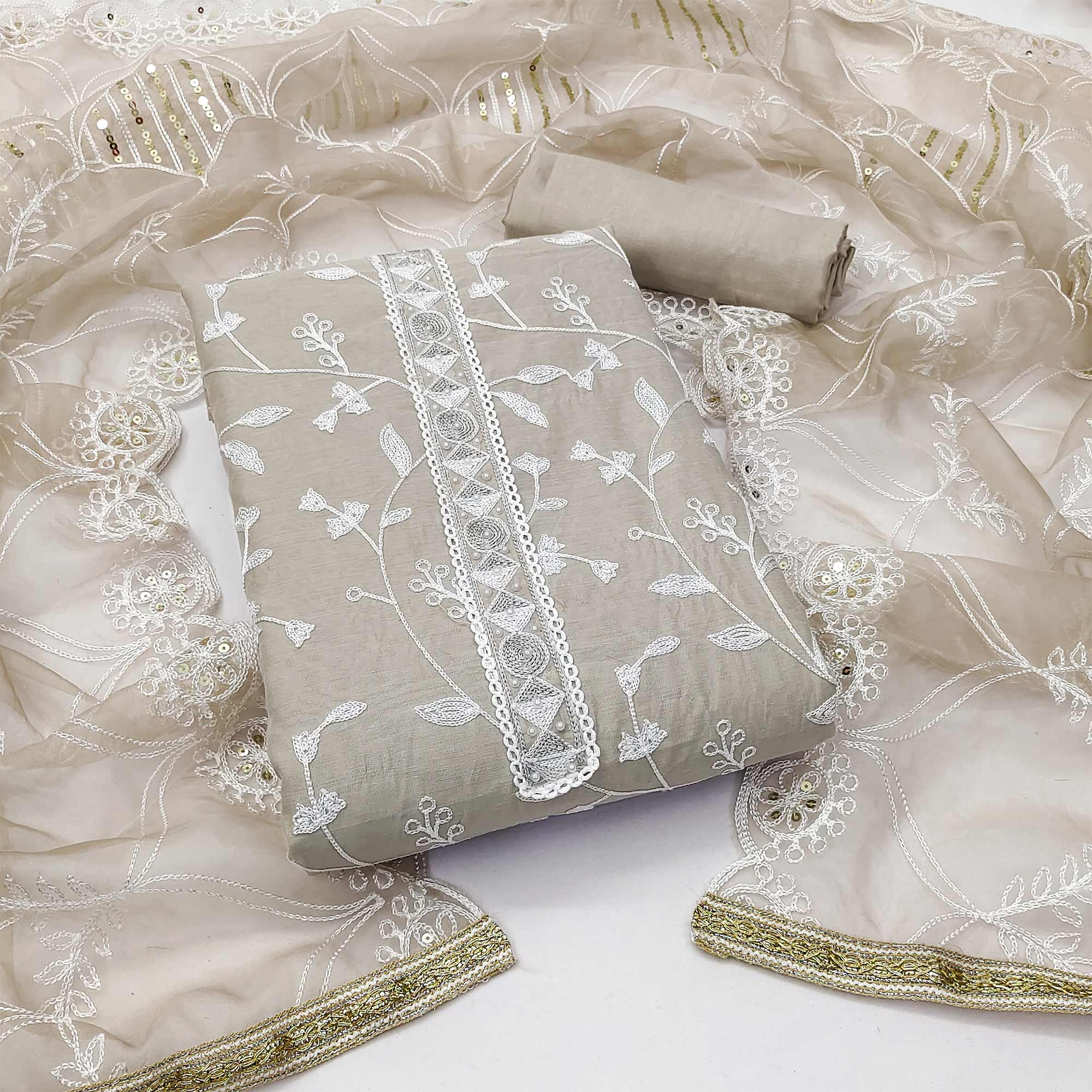 Beige Floral Embroidered Modal Dress Material