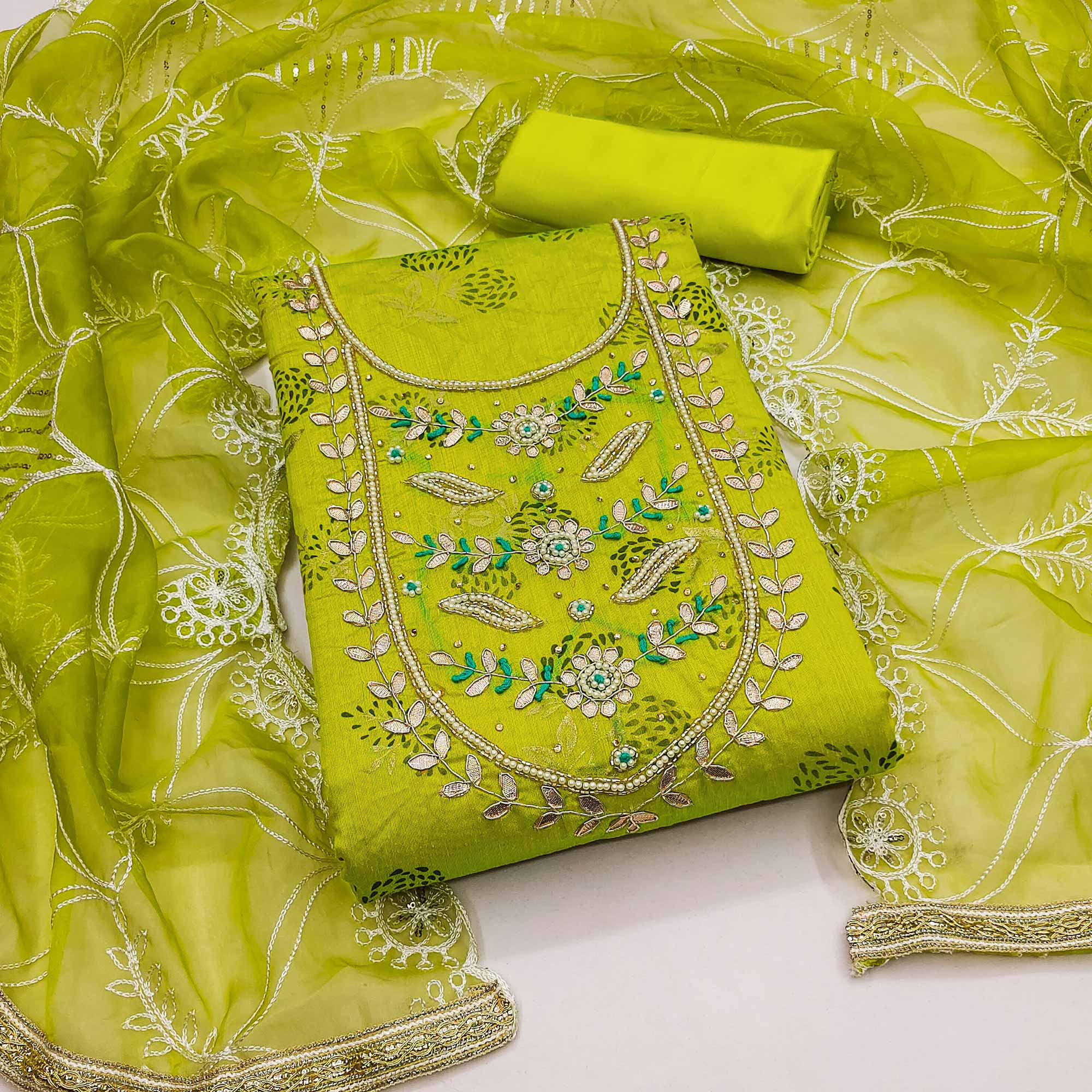 Green Floral Printed Handwork Modal Dress Material