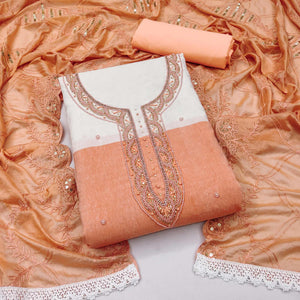 Orange Printed Handwork Pure Cotton Dress Material