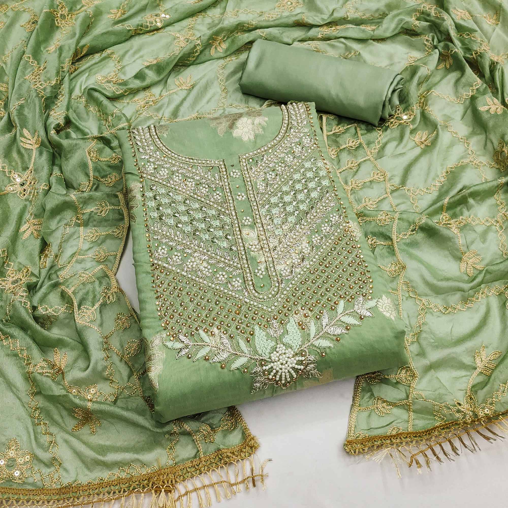 Green Embroidered Chanderi Silk Dress Material