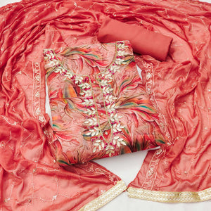 Peach Floral Printed Organza Dress Material