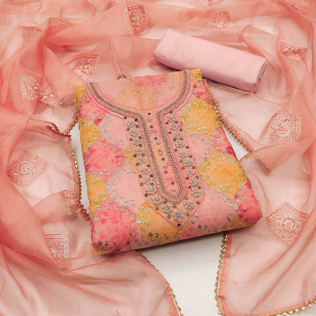 Peach Embroidered Silk Blend Dress Material With Dupatta