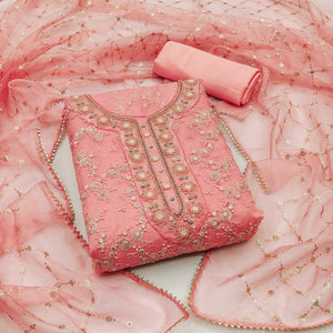 Peach Sequins Embroidered Organza Dress Material