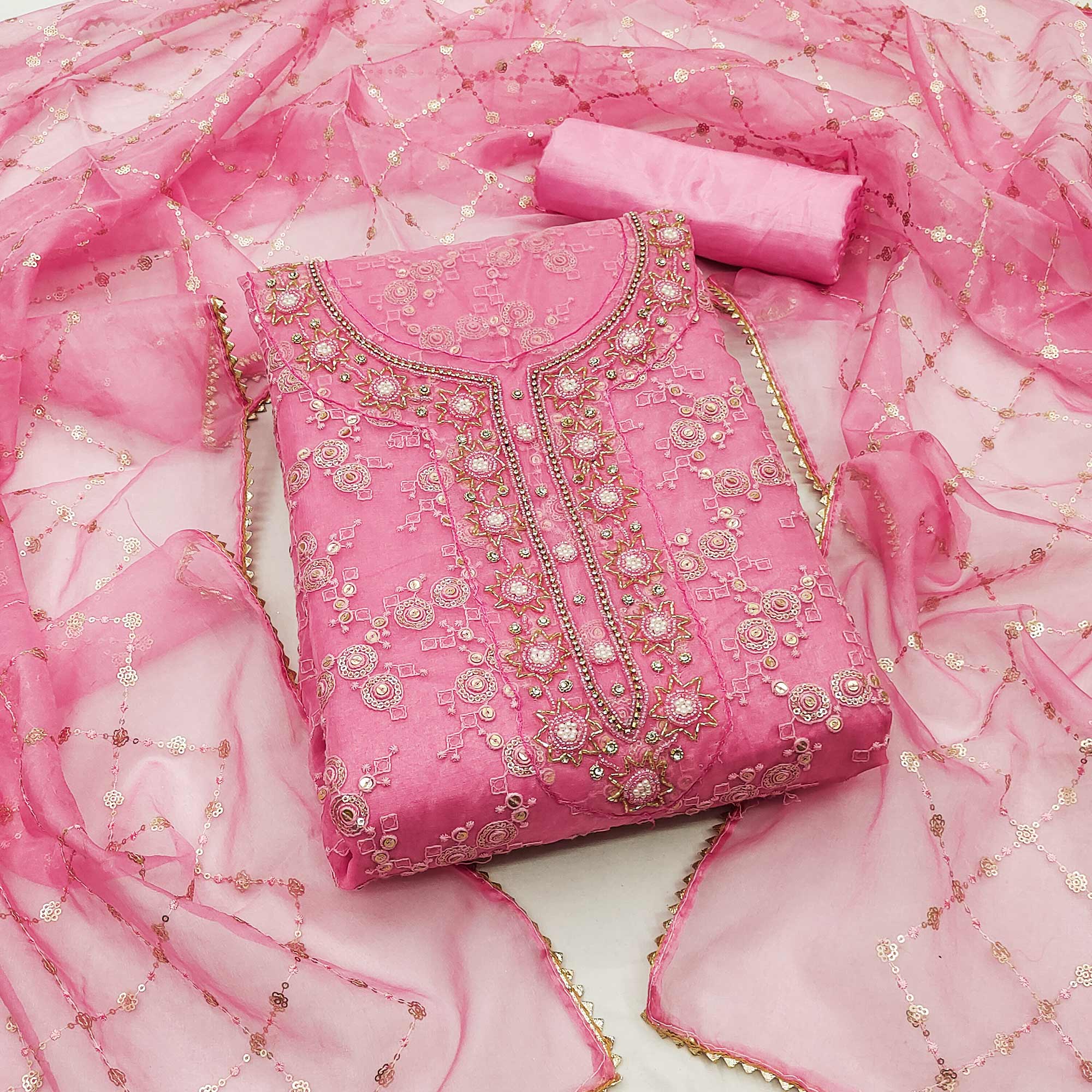 Pink Sequins Embroidered Organza Dress Material