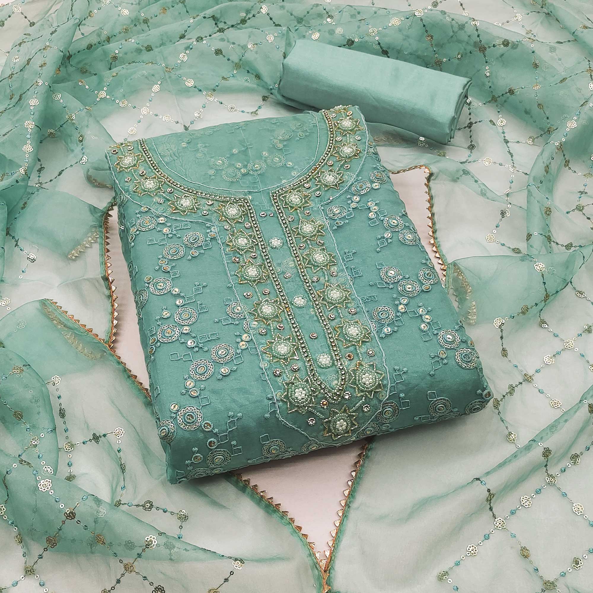 Turquoise Sequins Embroidered Organza Dress Material