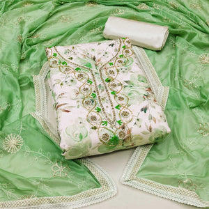 Cream & Green Floral Digital Printed With Handwork Chanderi Silk Dress Material
