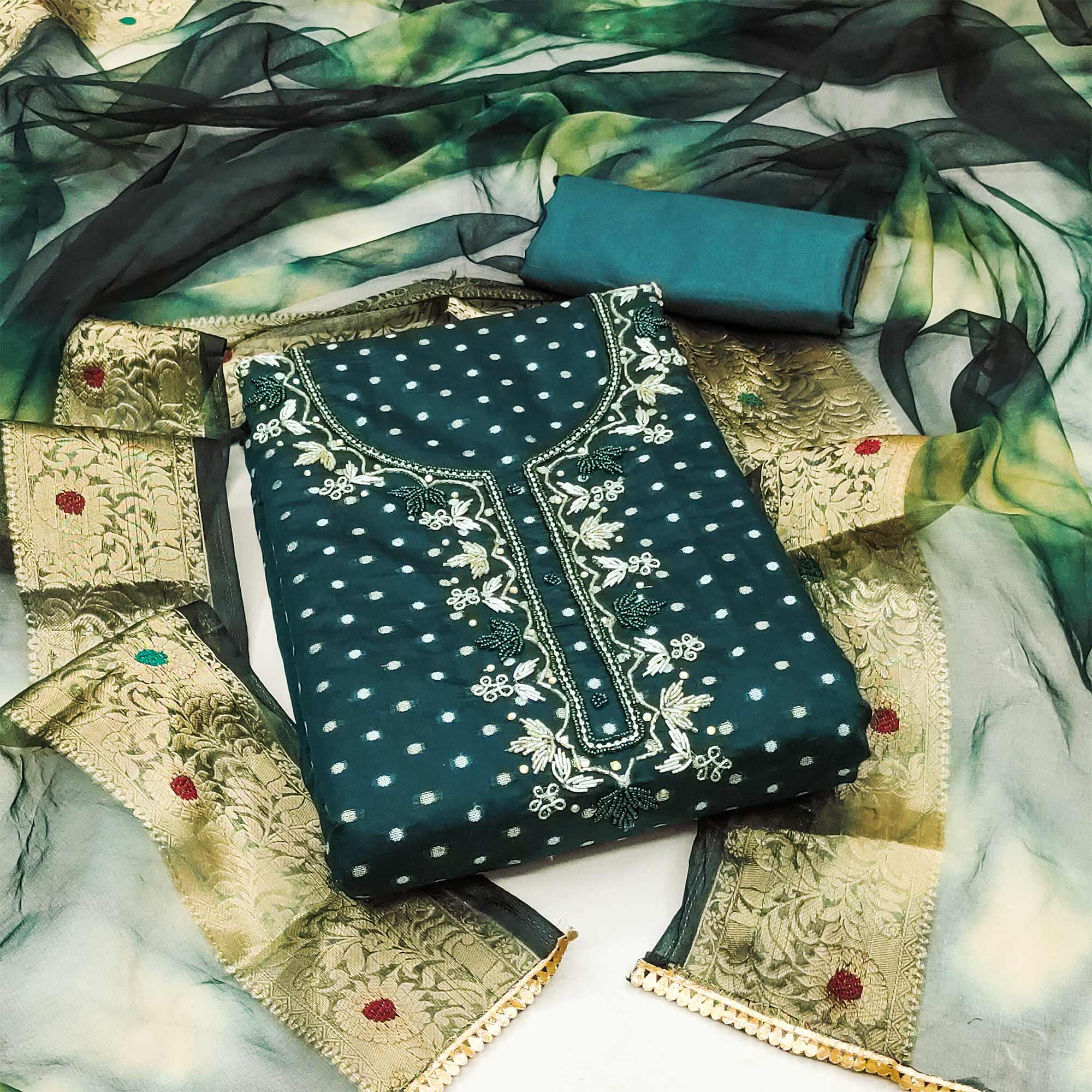 Morpich Woven With Handwork Chanderi Silk Dress Material