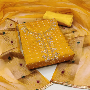 Yellow Woven With Handwork Chanderi Silk Dress Material