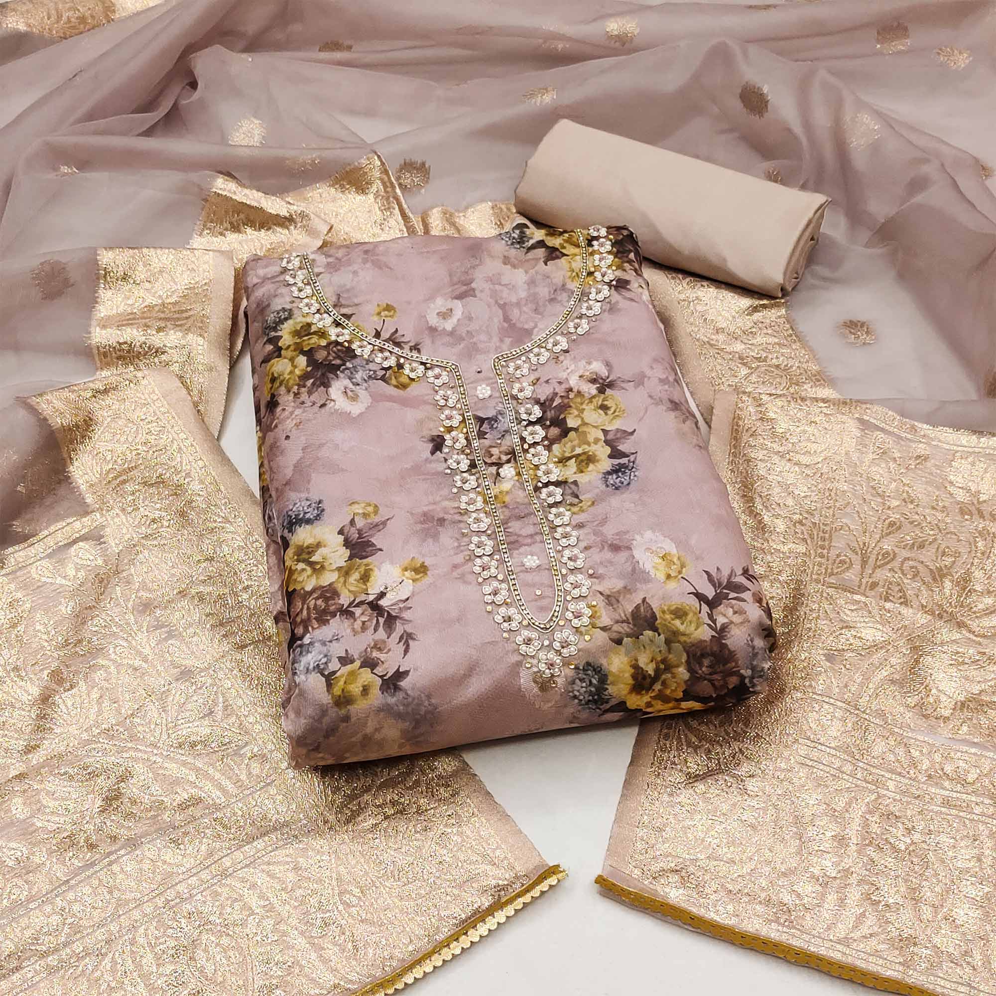 Mauve Floral Digital Printed With Handwork Organza Dress Material