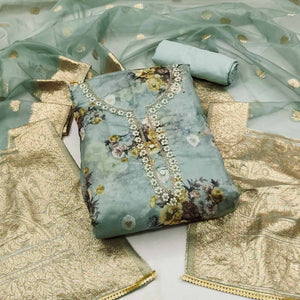 Turquoise Floral Digital Printed With Handwork Organza Dress Material