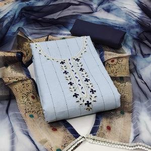 Blue Embroidered With Handwork Cotton Blend Dress Material