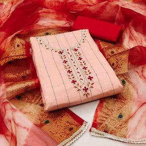 Peach Embroidered With Handwork Cotton Blend Dress Material