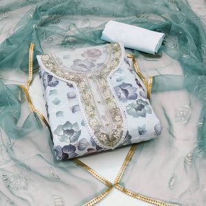 Blue Floral Embroidered With Printed Organza Dress Material