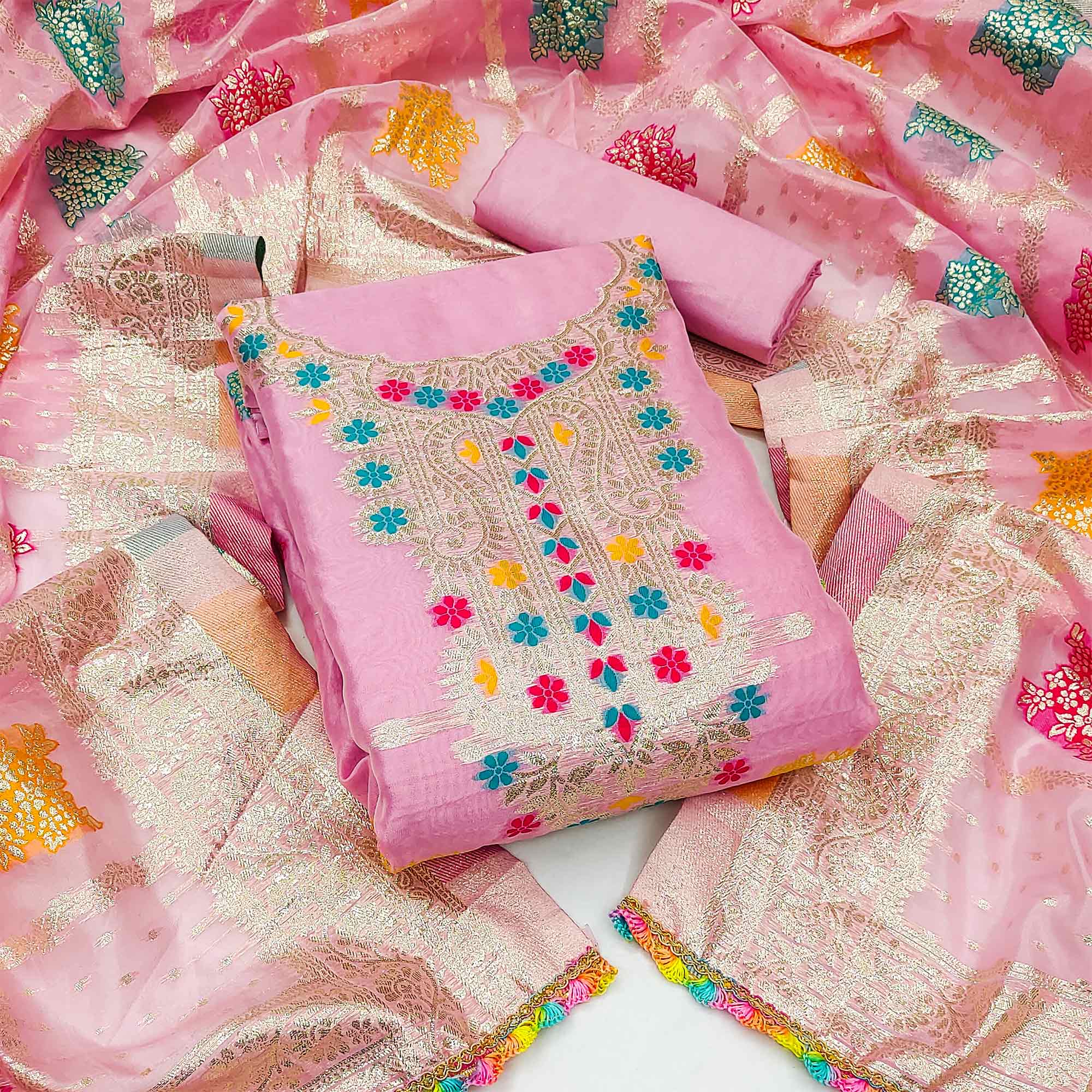 Pink Floral Woven Organza Dress Material