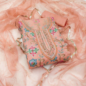 Peach Floral Printed Organza Dress Material