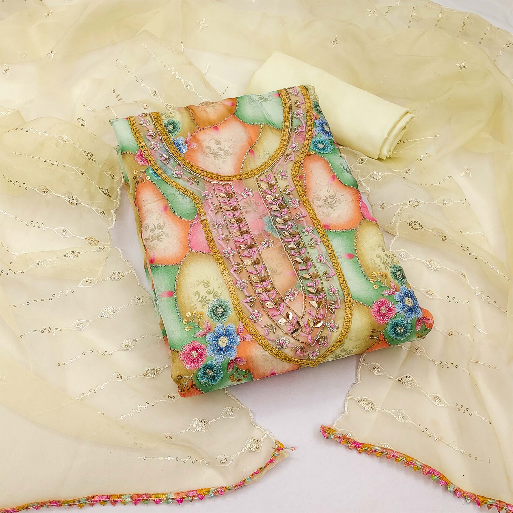 Cream Floral Printed Organza Dress Material