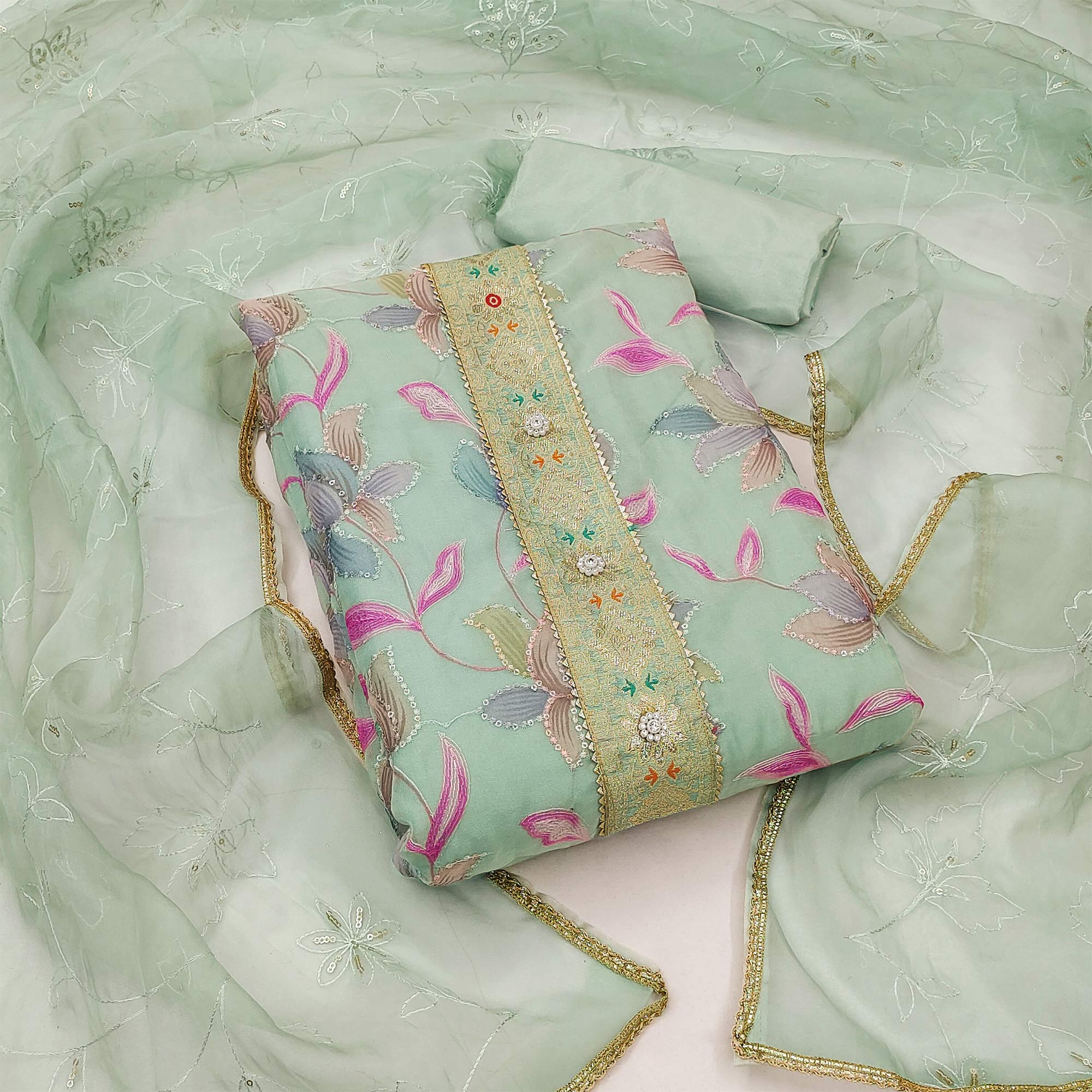 Green Floral Printed Organza Dress Material