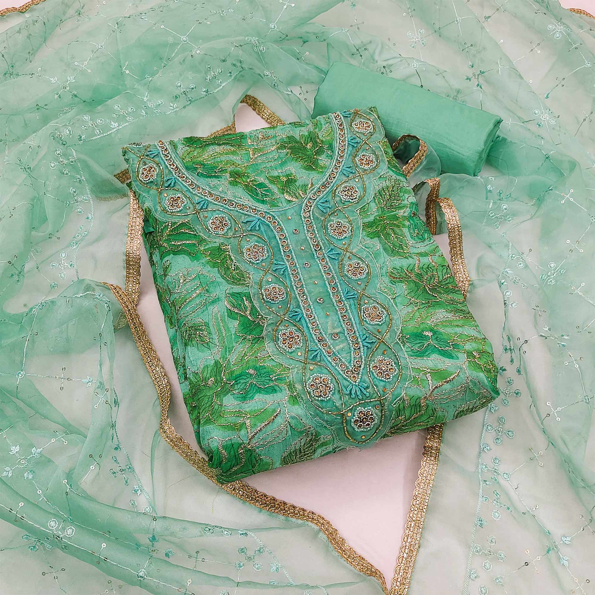 Green Floral Printed Organza Dress Material