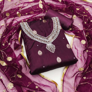 Wine Floral Woven Organza Dress Material