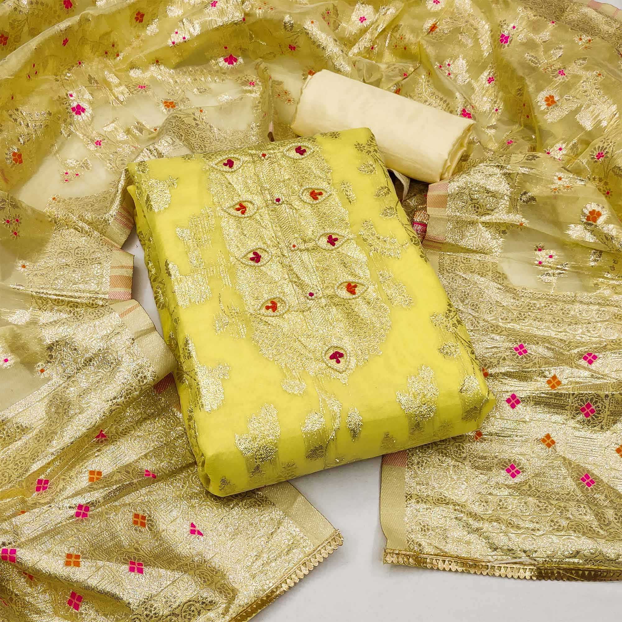 Yellow Floral Woven Chanderi Silk Dress Material