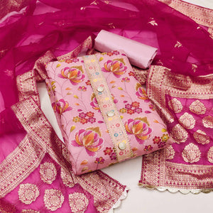 Pink Floral Printed Organza Dress Material