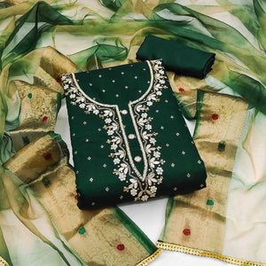 Green Woven With Handwork Chanderi Silk Dress Material
