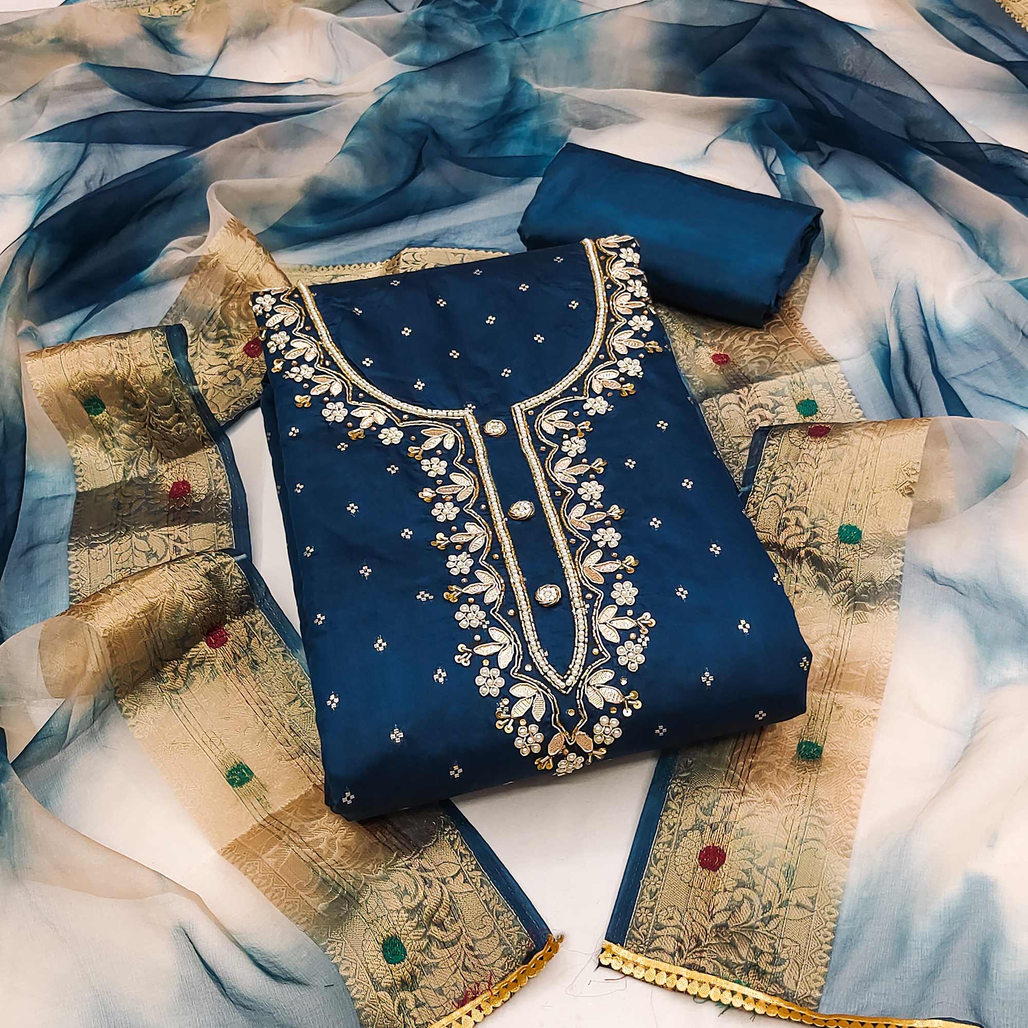 Morpich Woven With Handwork Chanderi Silk Dress Material