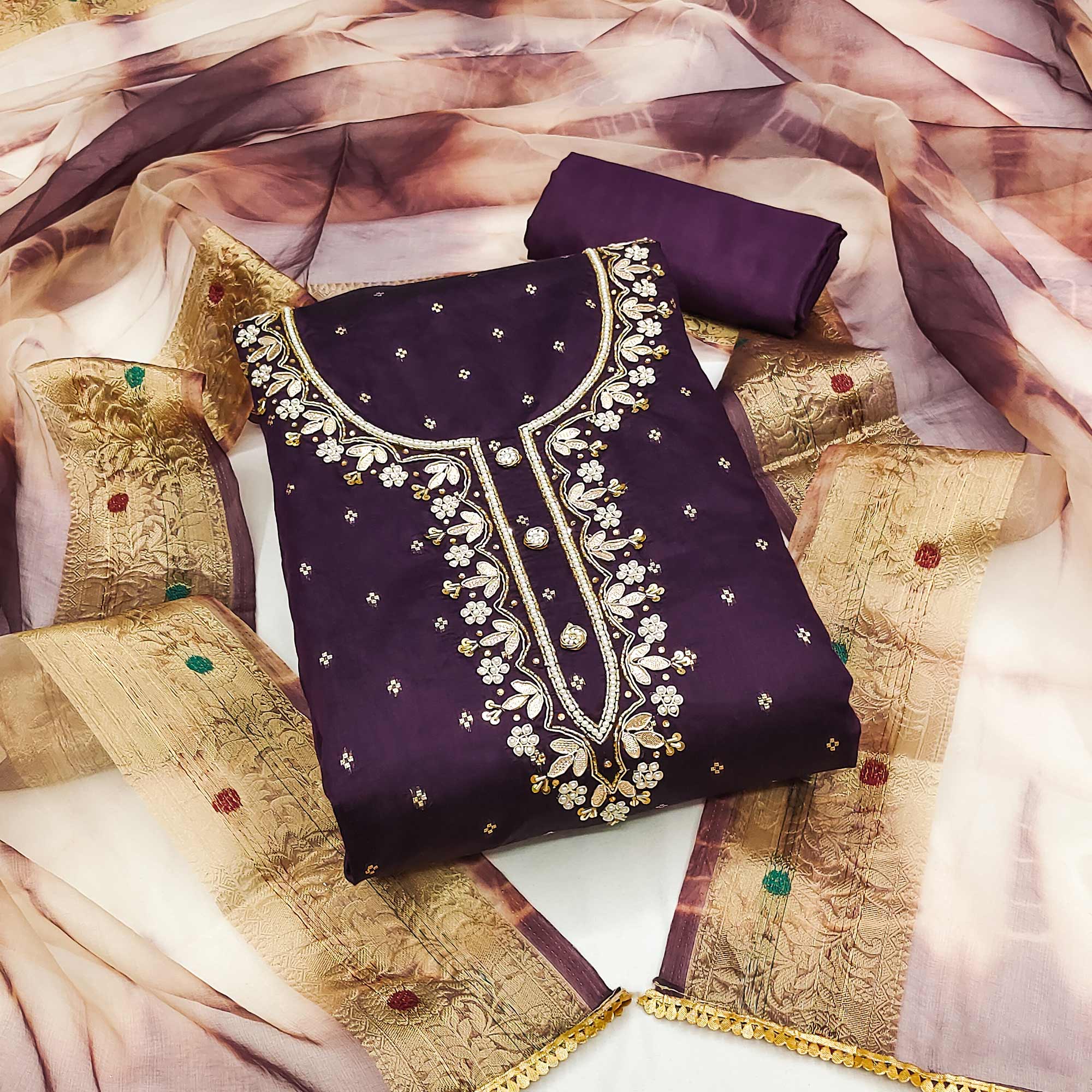 Purple Woven With Handwork Chanderi Silk Dress Material
