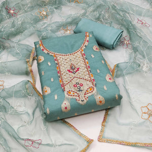 Blue Woven With Handwork Organza Dress Material