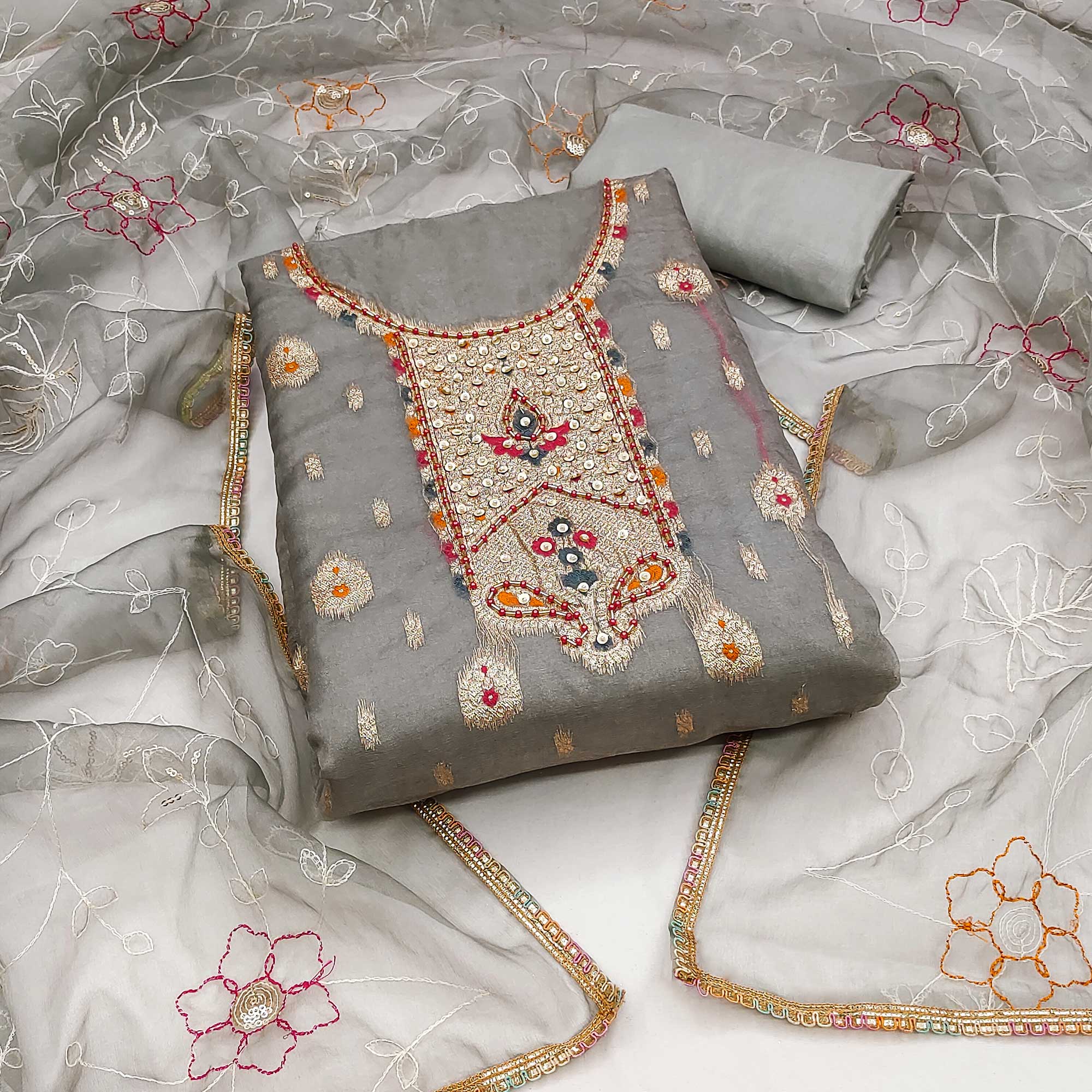 Grey Woven With Handwork Organza Dress Material