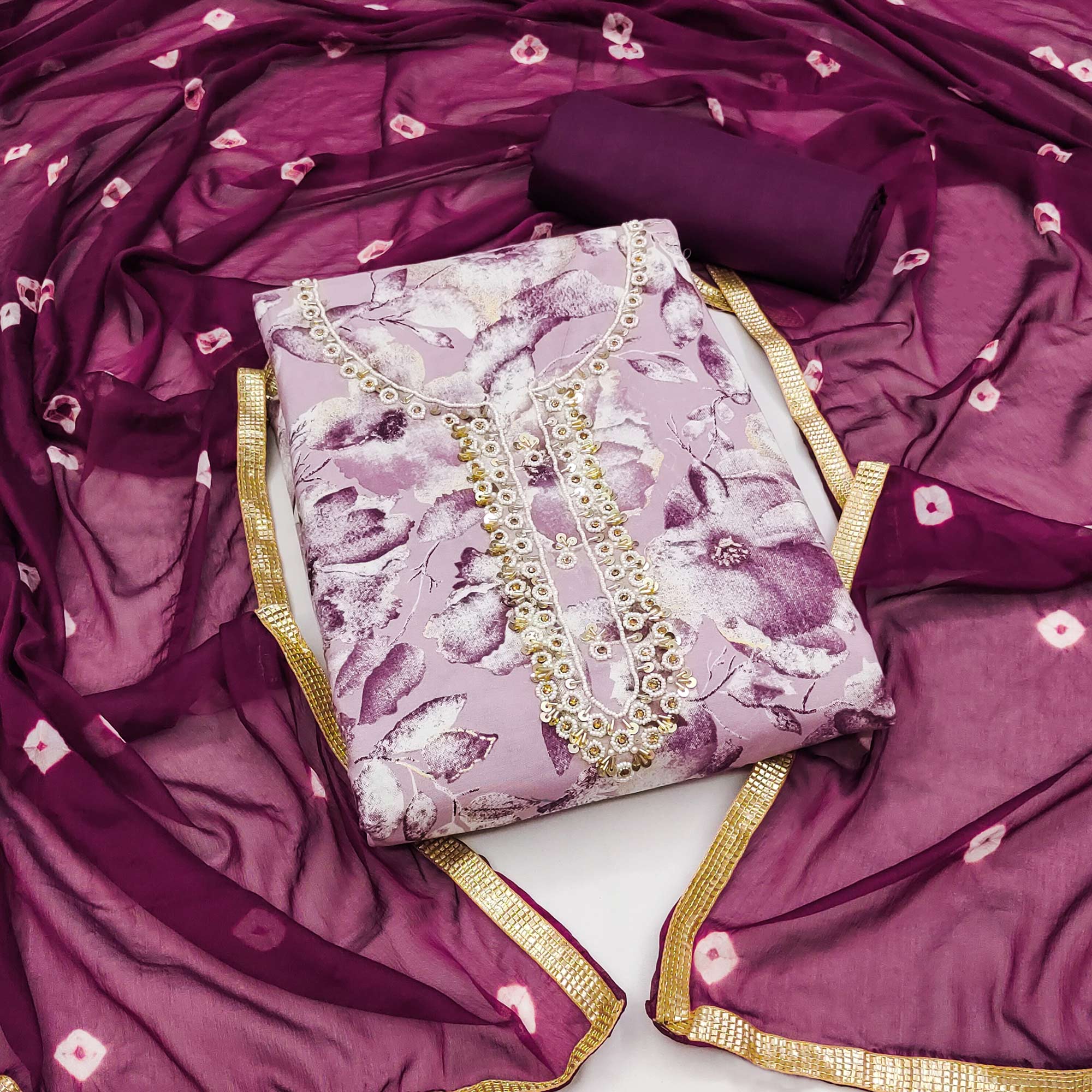 Purple Floral Printed With Handwork Pure Cotton Dress Material