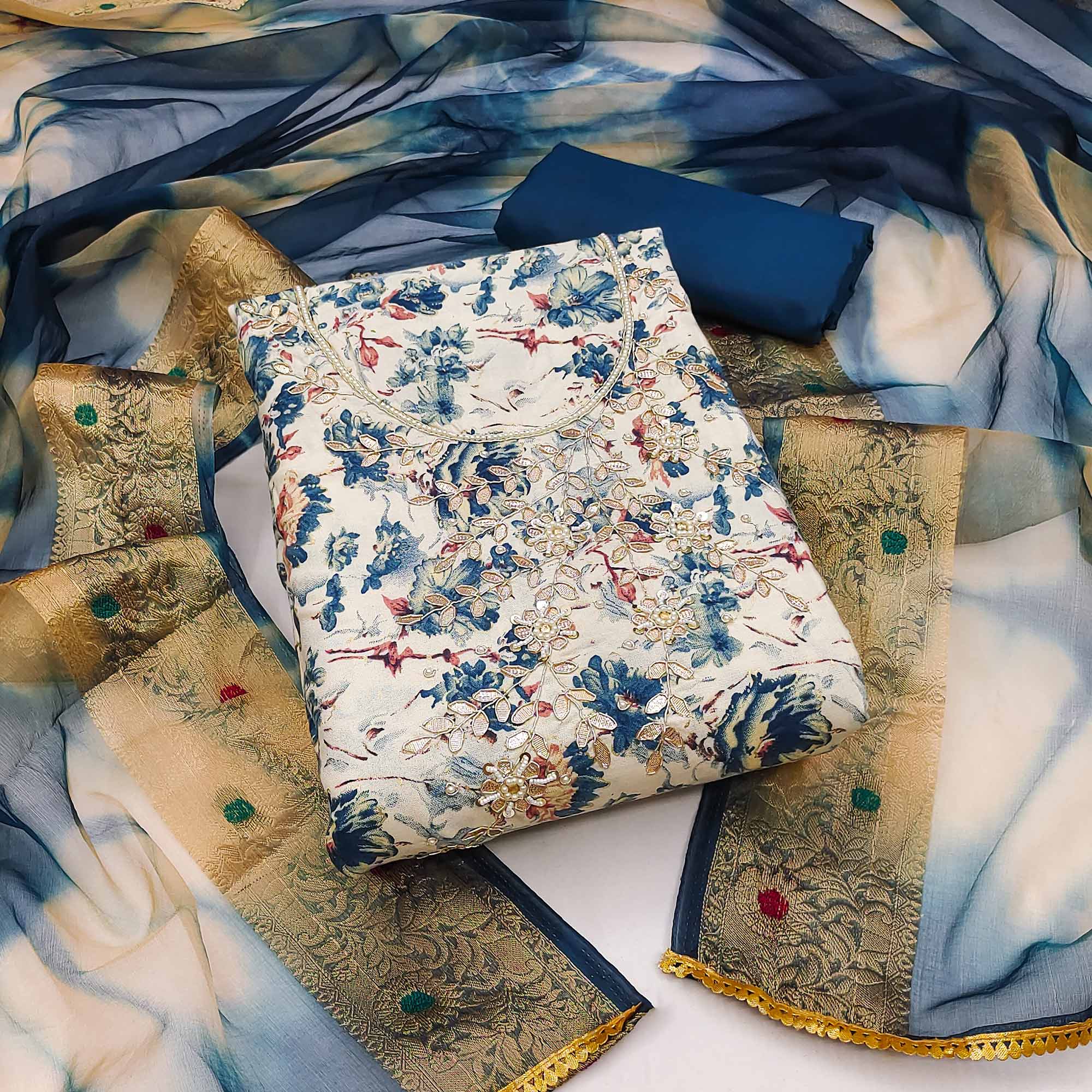Blue Floral Printed With Handwork Pure Cotton Dress Material