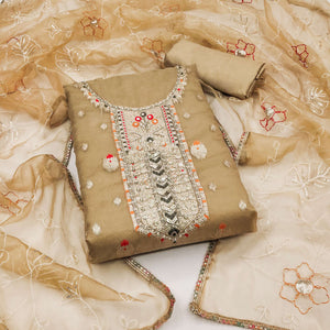 Beige Woven With Handwork Organza Dress Material