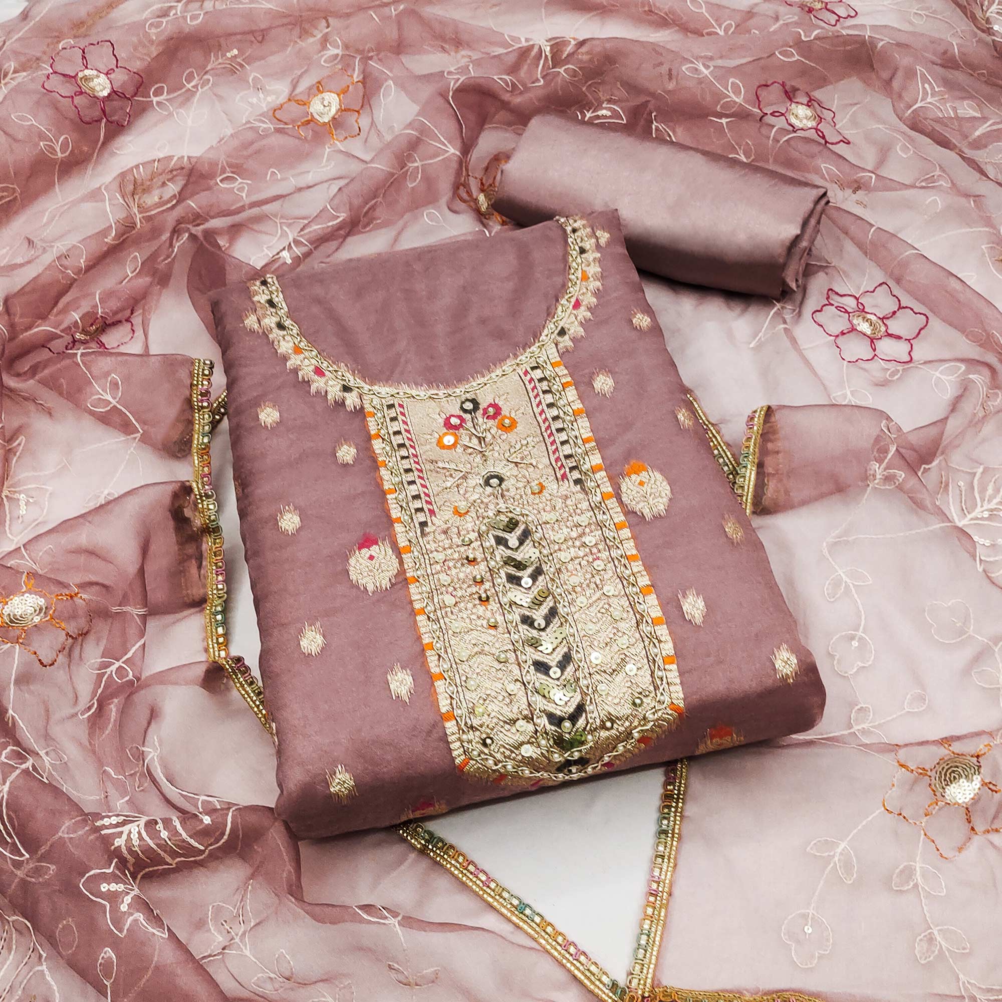 Mauve Woven With Handwork Organza Dress Material