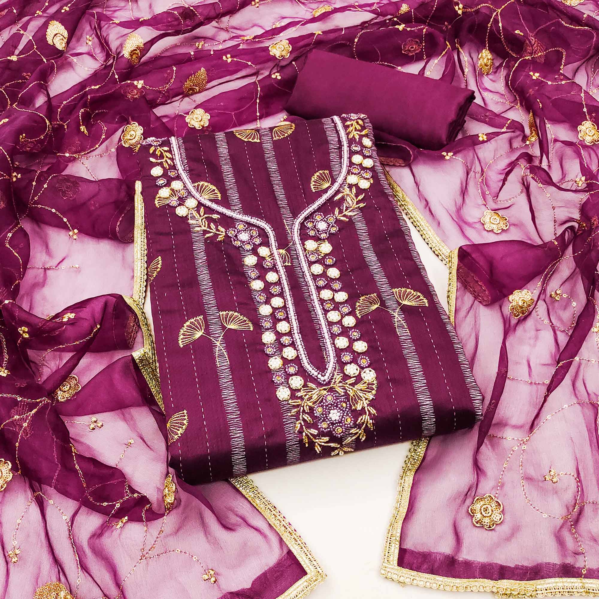 Wine Foil Printed Chanderi Silk Dress Material