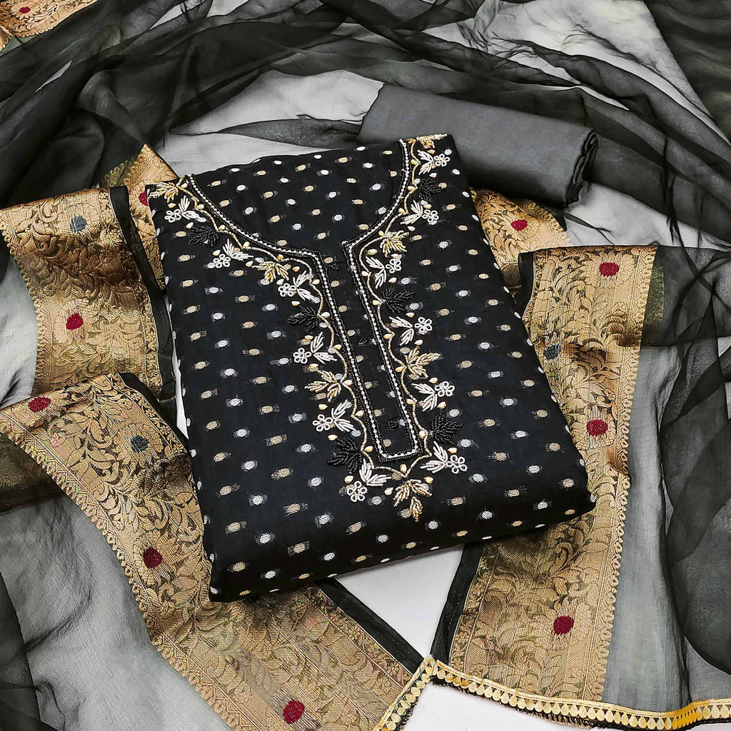 Black - 3pc Chanderi Silk Unstitched Hand Batik Print Dress Material 27