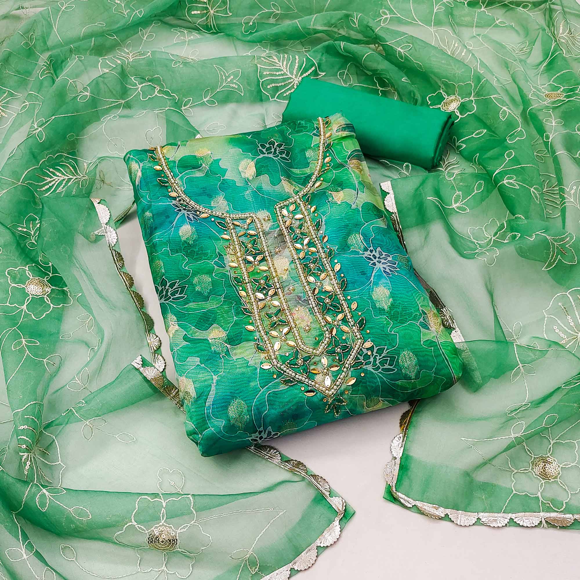 Sea Green Floral Digital Printed Organza Dress Material