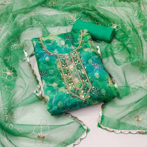 Sea Green Floral Digital Printed Organza Dress Material