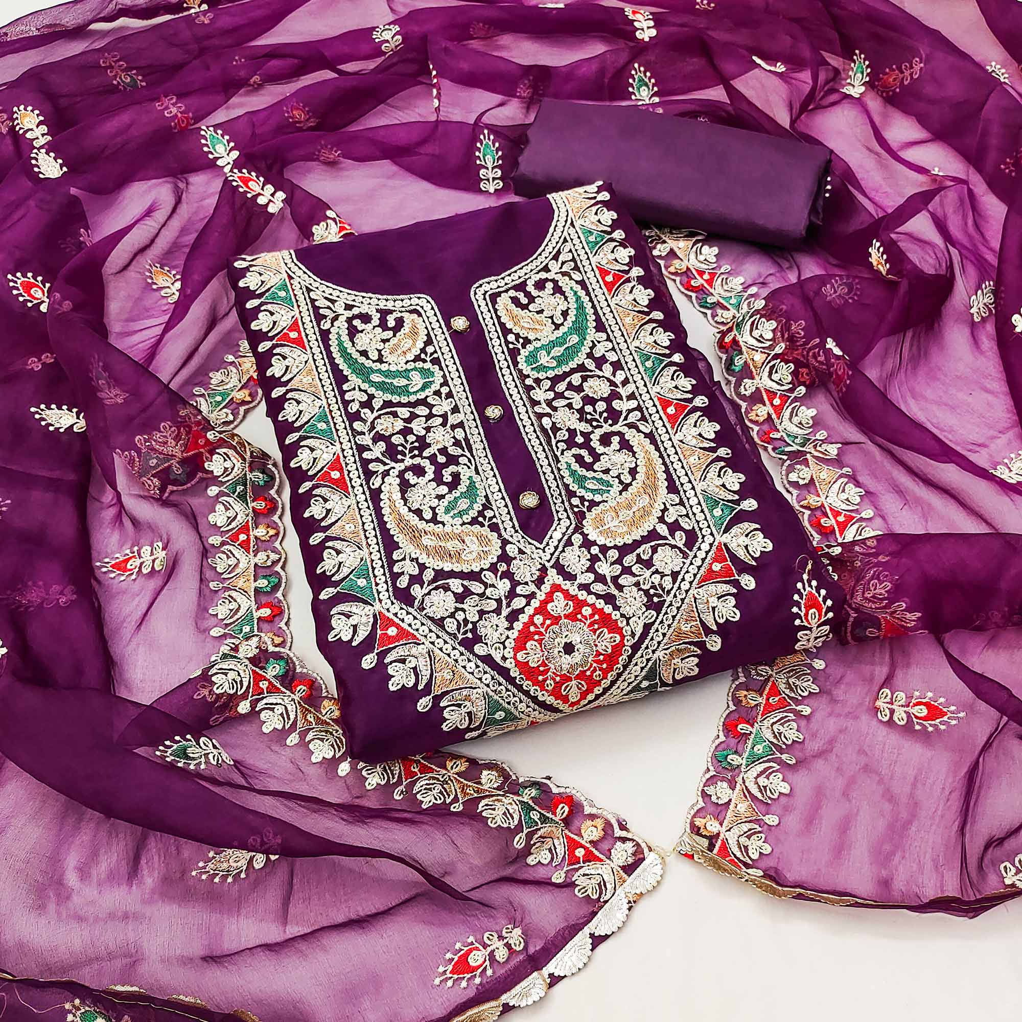 Purple Floral Embroidered Organza Dress Material