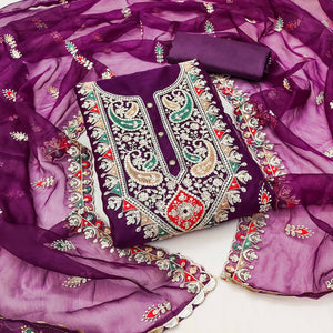 Purple Floral Embroidered Organza Dress Material