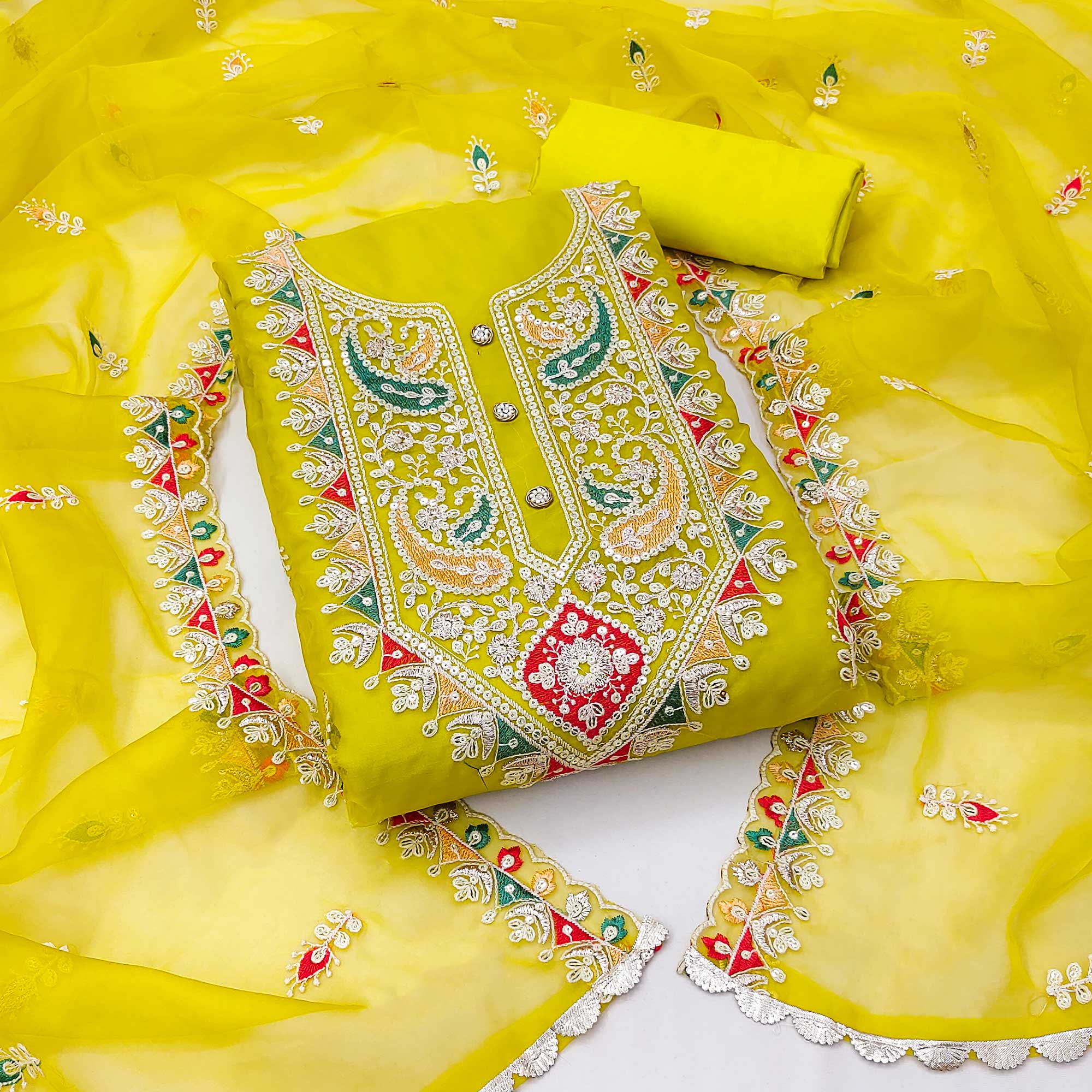 Yellow Floral Embroidered Organza Dress Material